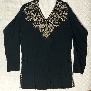 Lucky Brand Top NWT Embroidered Unique Tunic Black Long Sleeve Blouse Size Small